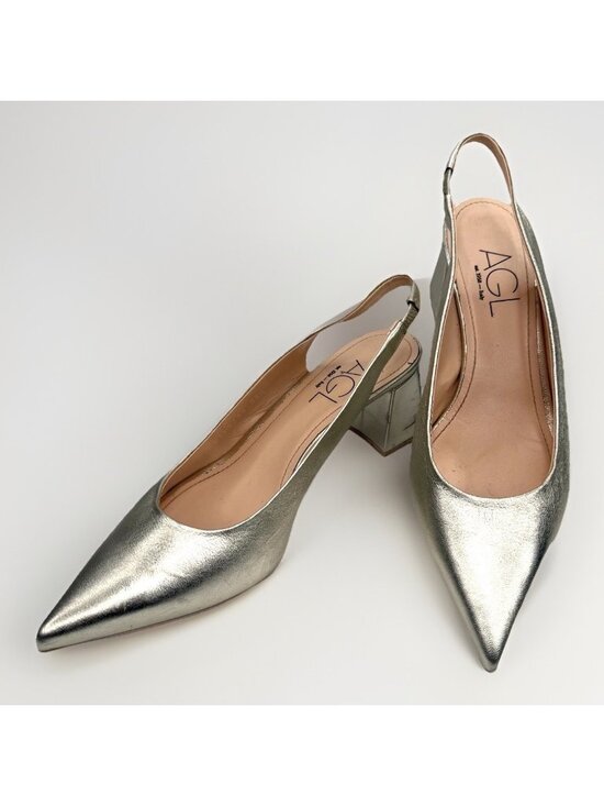 Agl Shoes - AGL Dodi Slingback Pumps Womens 8.5 Gold Metallic Leather Pointed Block Heel